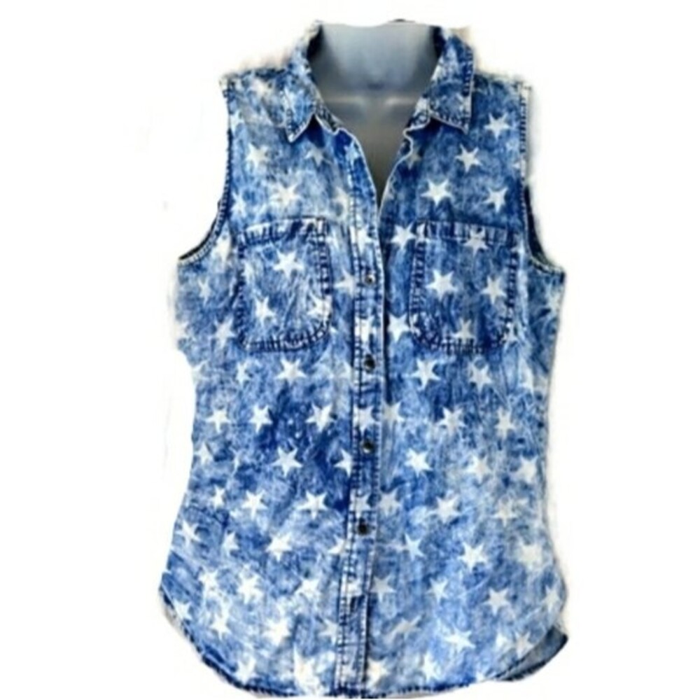 Rock & Republic Denim Chambrey Star Print Shirt Top Blouse Small